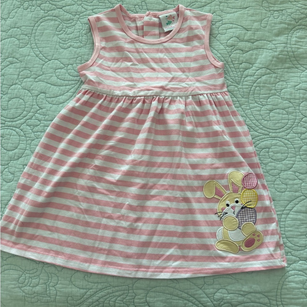 Pink Striped Kids Dress with Bunny Patch